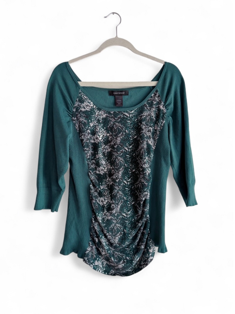 Ashley Stewart Hunter Green 3/4 Sleeve Snakeskin Front Sweater Size 14/16